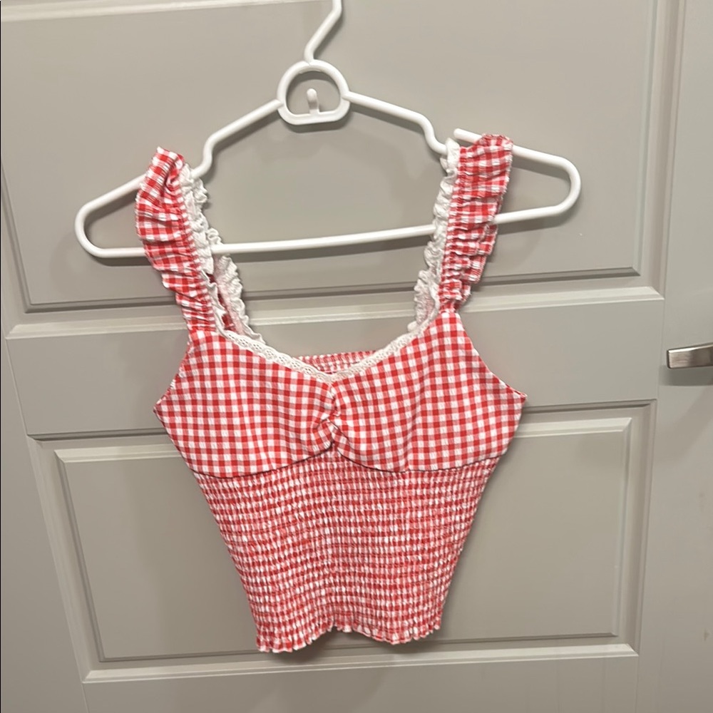 SHEIN Red and White Smocked Ruffle Crop Top